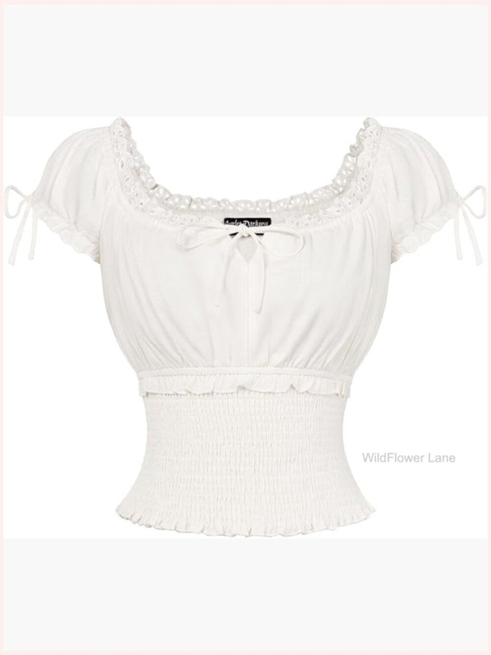 Square Neck Smocked Waist Peasant Blouse Short Sleeve - Picture 1 of 7